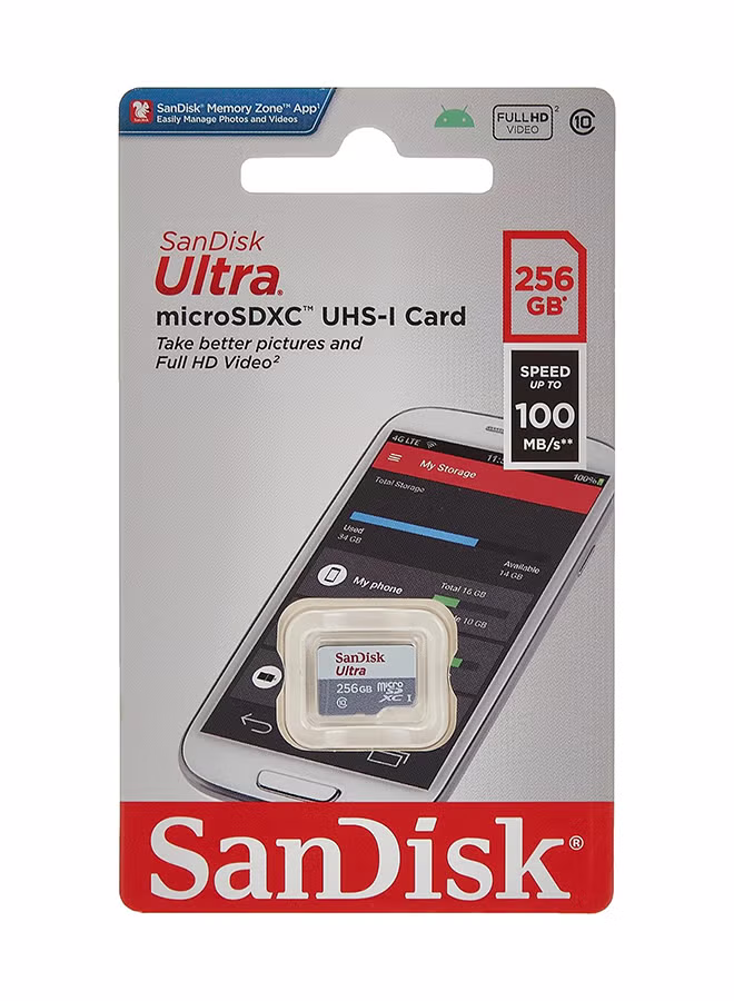 SanDisk 256GB Ultra microSDXC UHS 1 Card 100MB/s Grey